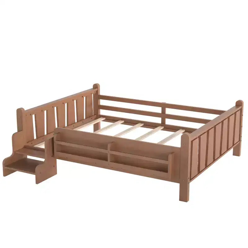 GDFStudio Teresa Kids Wood Floor Platform Bed with Storage Bookcases and Guardrails