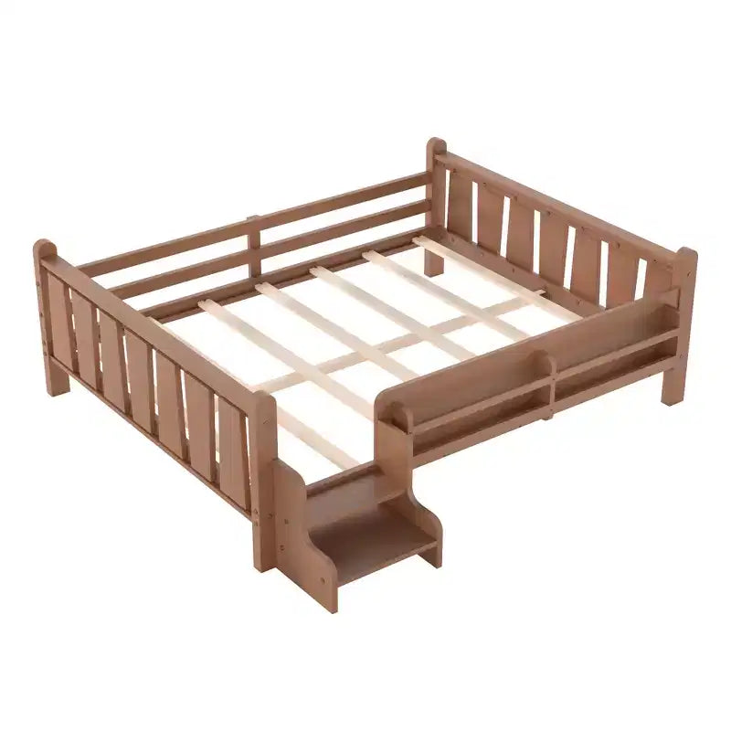 GDFStudio Teresa Kids Wood Floor Platform Bed with Storage Bookcases and Guardrails