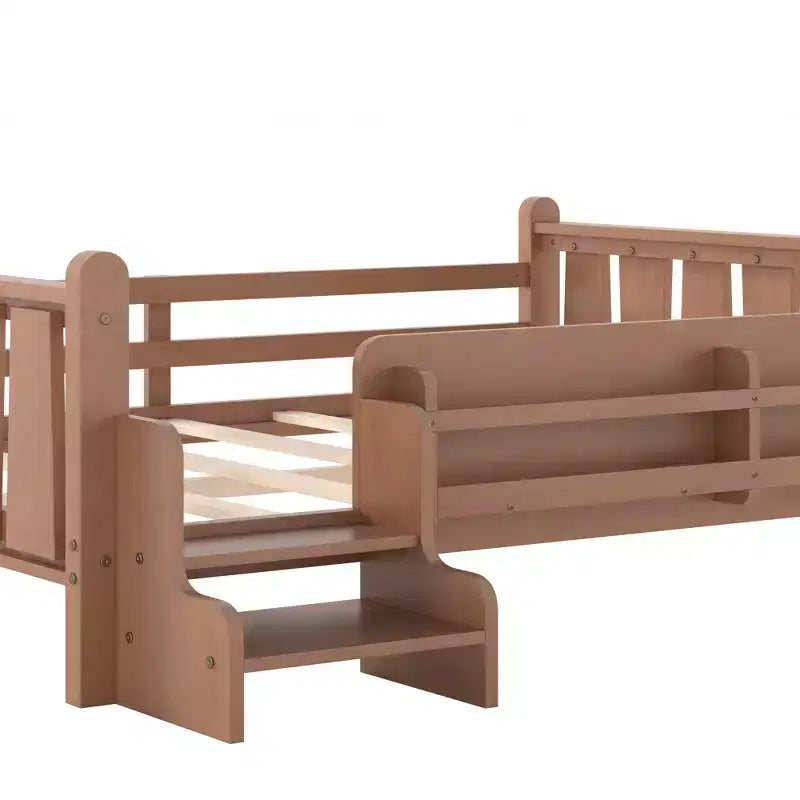 GDFStudio Teresa Kids Wood Floor Platform Bed with Storage Bookcases and Guardrails