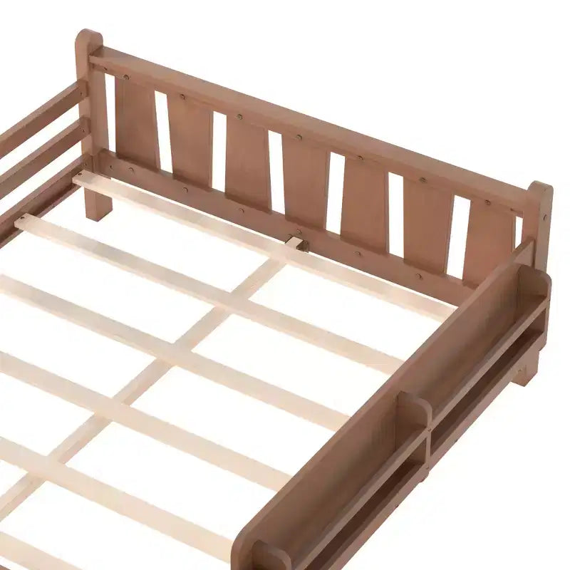 GDFStudio Teresa Kids Wood Floor Platform Bed with Storage Bookcases and Guardrails