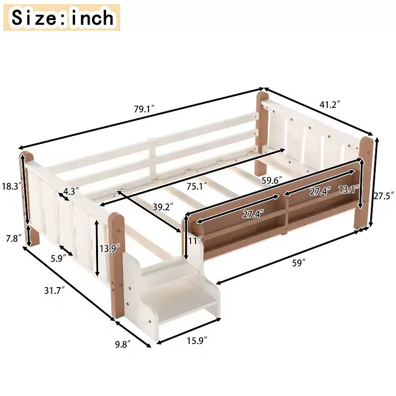 GDFStudio Teresa Kids Wood Floor Platform Bed with Storage Bookcases and Guardrails
