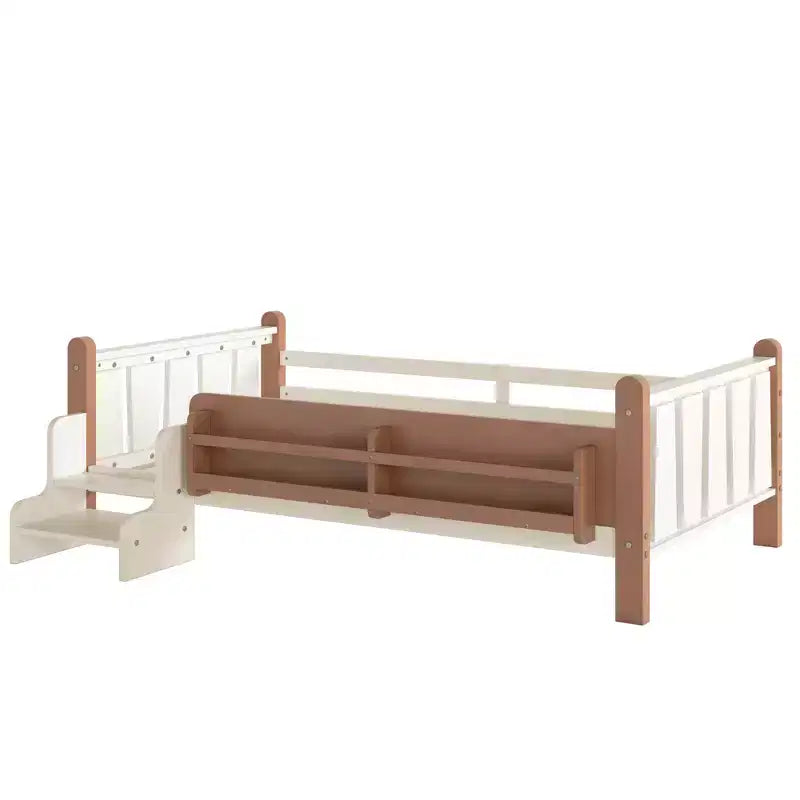 GDFStudio Teresa Kids Wood Floor Platform Bed with Storage Bookcases and Guardrails