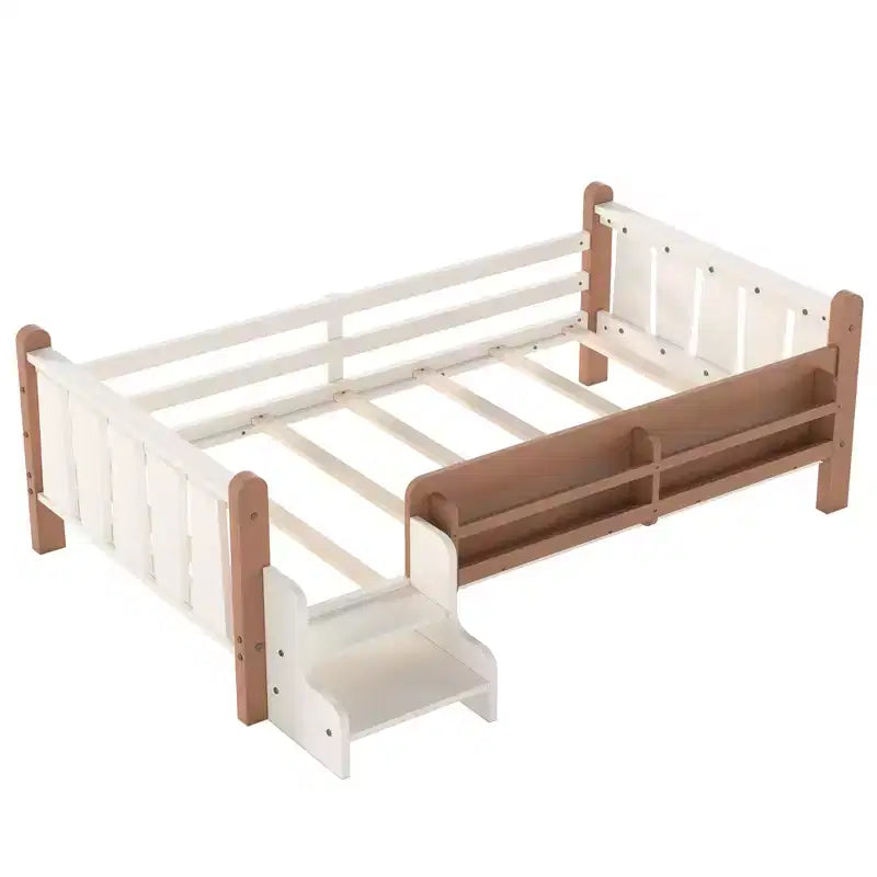 GDFStudio Teresa Kids Wood Floor Platform Bed with Storage Bookcases and Guardrails