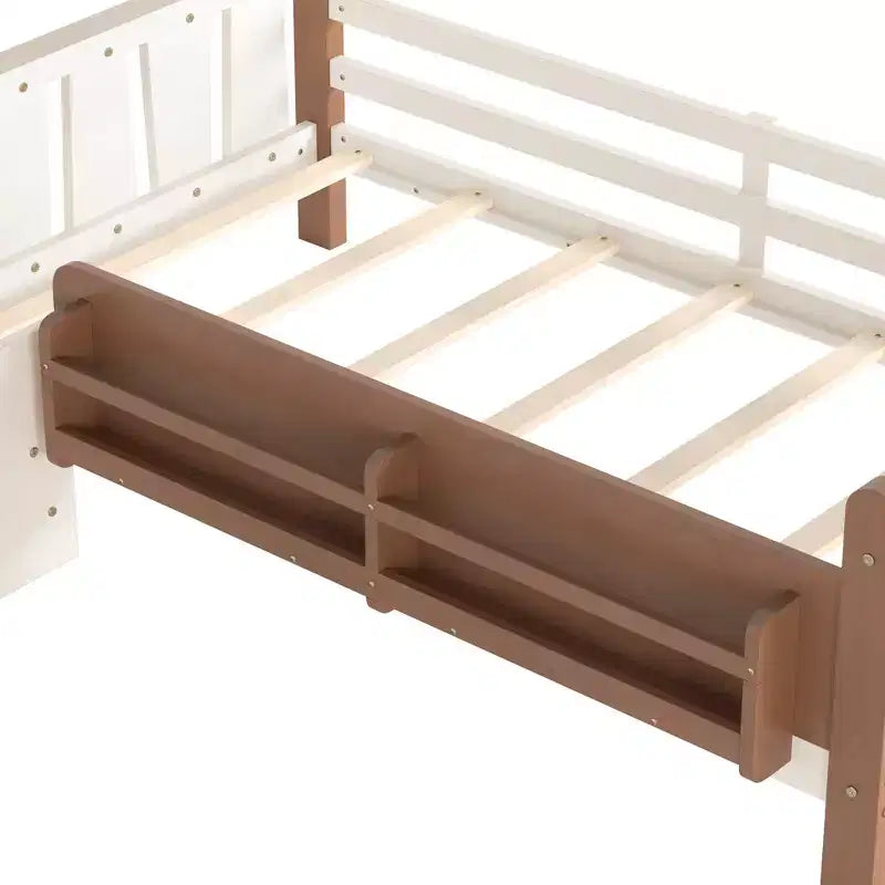 GDFStudio Teresa Kids Wood Floor Platform Bed with Storage Bookcases and Guardrails
