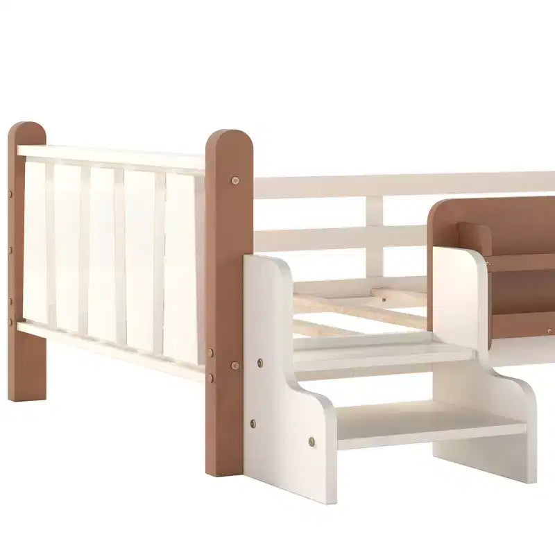 GDFStudio Teresa Kids Wood Floor Platform Bed with Storage Bookcases and Guardrails