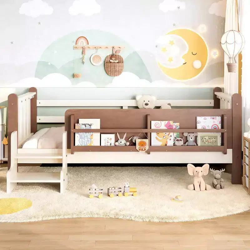 GDFStudio Teresa Kids Wood Floor Platform Bed with Storage Bookcases and Guardrails