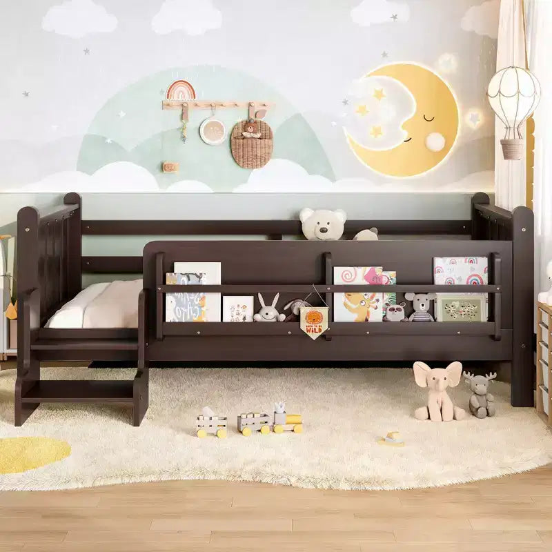GDFStudio Teresa Kids Wood Floor Platform Bed with Storage Bookcases and Guardrails