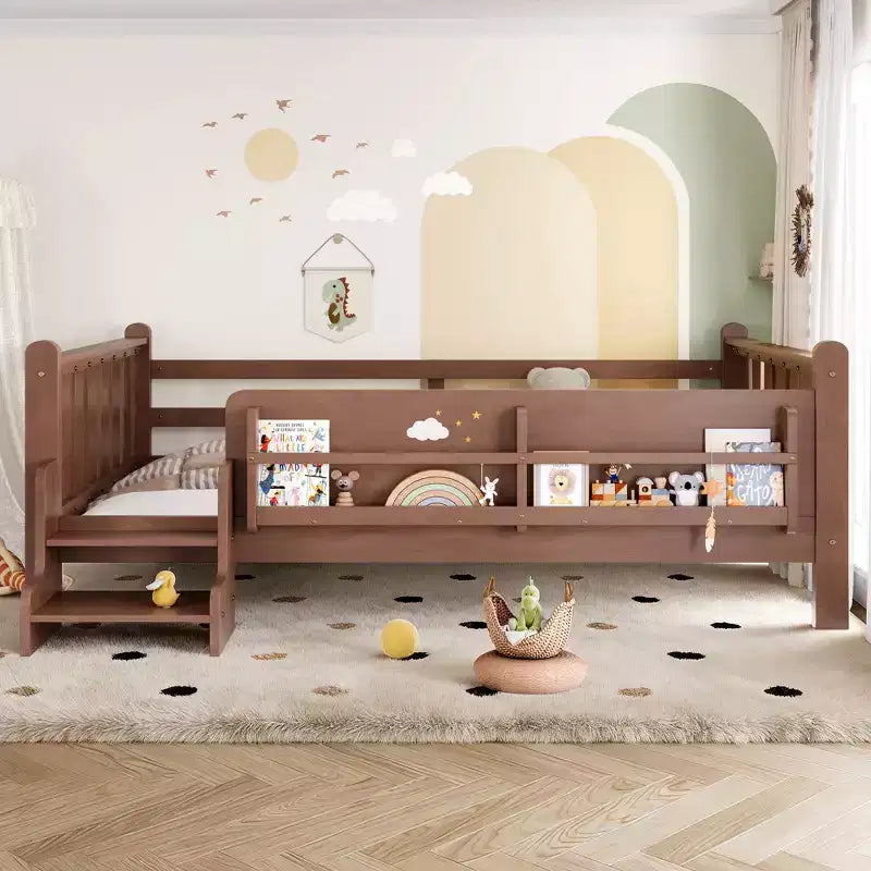 GDFStudio Teresa Kids Wood Floor Platform Bed with Storage Bookcases and Guardrails