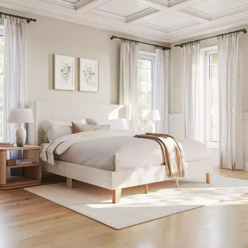 Martha Stewart Maisie Upholstered Platform Bed with Wingback Headboard and Cushioned Siderails, Wood Slat Foundation, No Box Spring Needed