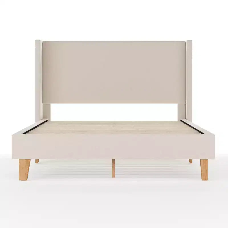 Martha Stewart Maisie Upholstered Platform Bed with Wingback Headboard and Cushioned Siderails, Wood Slat Foundation, No Box Spring Needed