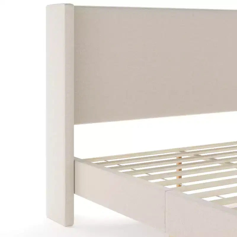 Martha Stewart Maisie Upholstered Platform Bed with Wingback Headboard and Cushioned Siderails, Wood Slat Foundation, No Box Spring Needed