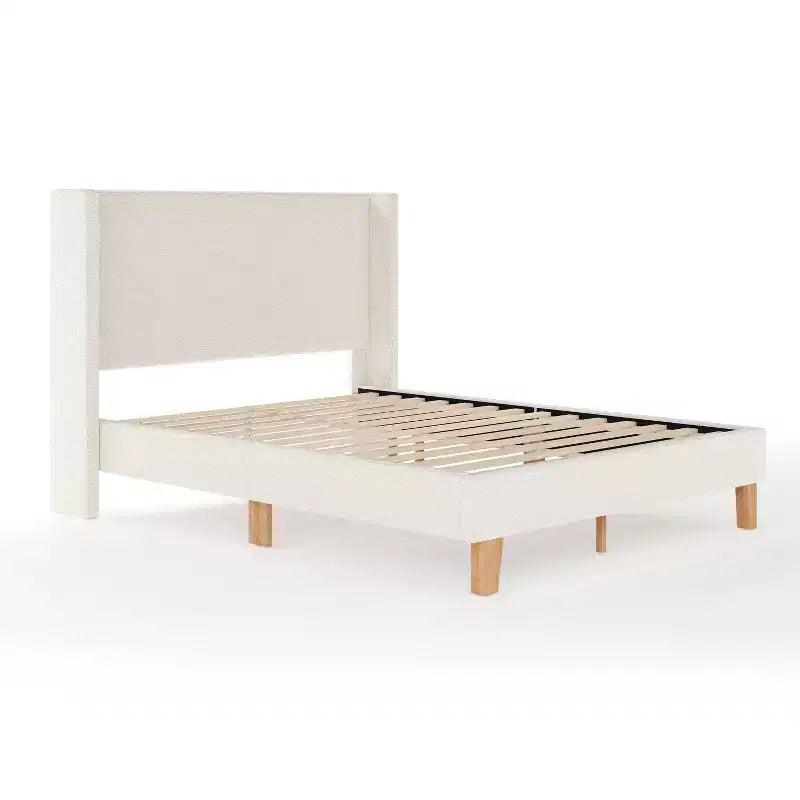 Martha Stewart Maisie Upholstered Platform Bed with Wingback Headboard and Cushioned Siderails, Wood Slat Foundation, No Box Spring Needed