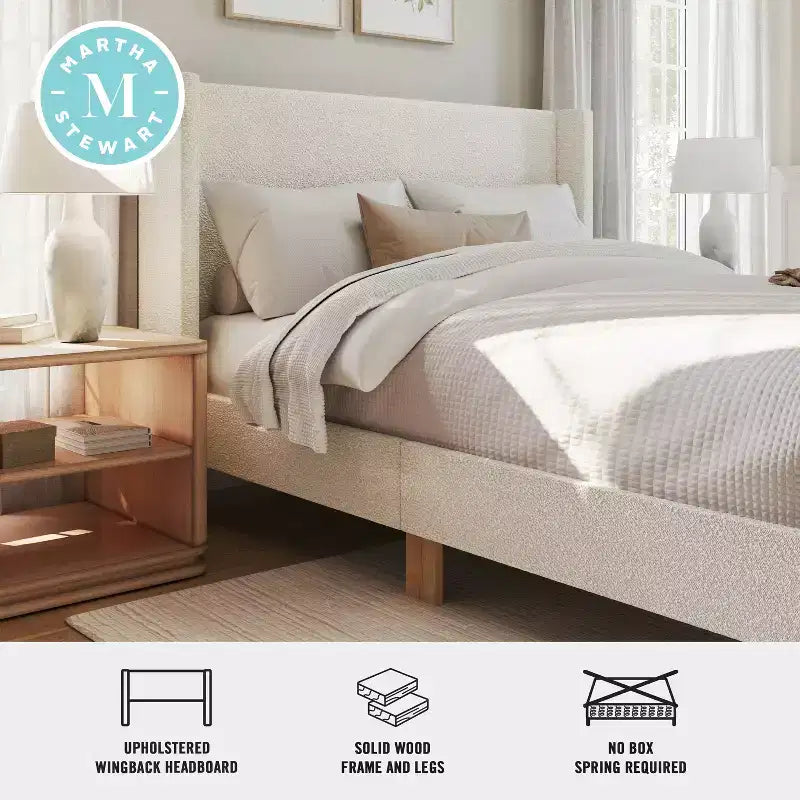Martha Stewart Maisie Upholstered Platform Bed with Wingback Headboard and Cushioned Siderails, Wood Slat Foundation, No Box Spring Needed