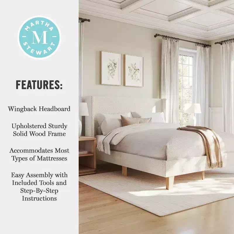 Martha Stewart Maisie Upholstered Platform Bed with Wingback Headboard and Cushioned Siderails, Wood Slat Foundation, No Box Spring Needed