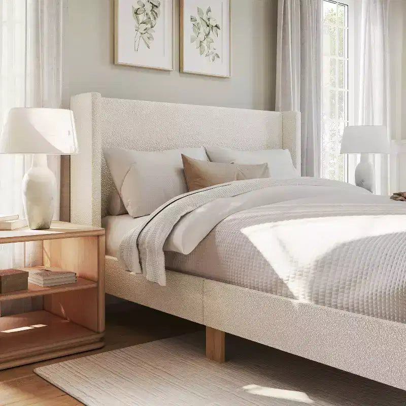 Martha Stewart Maisie Upholstered Platform Bed with Wingback Headboard and Cushioned Siderails, Wood Slat Foundation, No Box Spring Needed