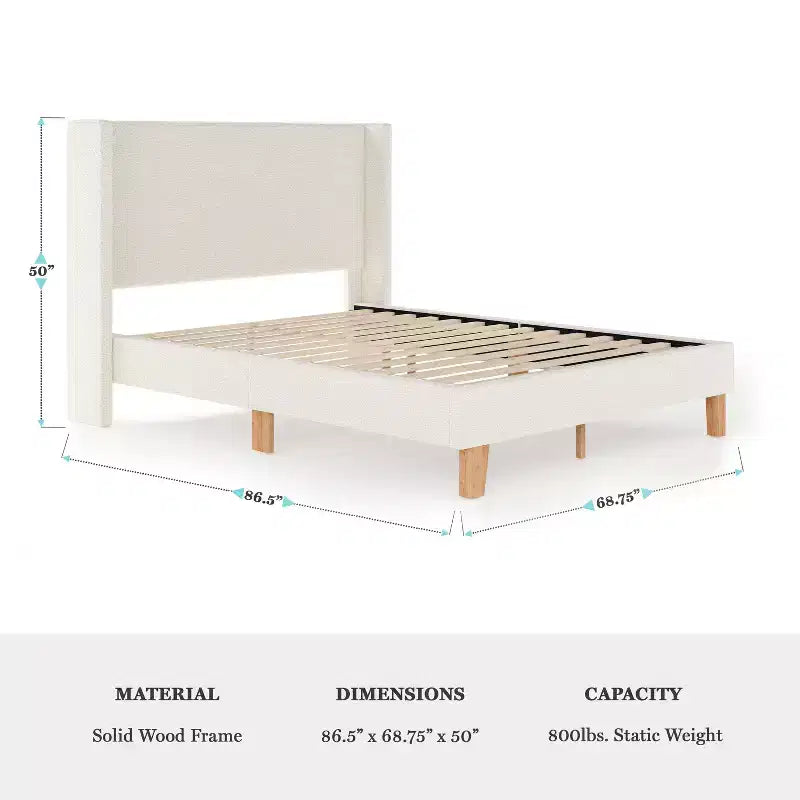 Martha Stewart Maisie Upholstered Platform Bed with Wingback Headboard and Cushioned Siderails, Wood Slat Foundation, No Box Spring Needed
