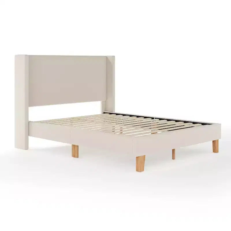 Martha Stewart Maisie Upholstered Platform Bed with Wingback Headboard and Cushioned Siderails, Wood Slat Foundation, No Box Spring Needed