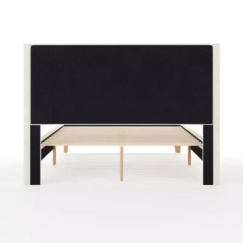 Martha Stewart Maisie Upholstered Platform Bed with Wingback Headboard and Cushioned Siderails, Wood Slat Foundation, No Box Spring Needed