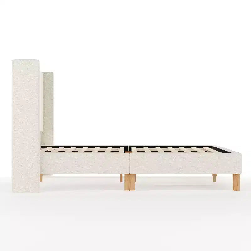 Martha Stewart Maisie Upholstered Platform Bed with Wingback Headboard and Cushioned Siderails, Wood Slat Foundation, No Box Spring Needed