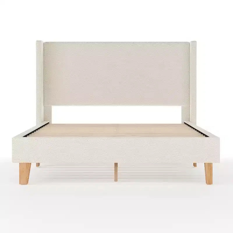 Martha Stewart Maisie Upholstered Platform Bed with Wingback Headboard and Cushioned Siderails, Wood Slat Foundation, No Box Spring Needed
