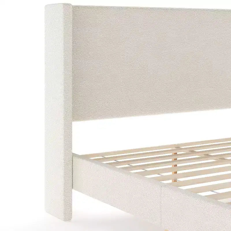 Martha Stewart Maisie Upholstered Platform Bed with Wingback Headboard and Cushioned Siderails, Wood Slat Foundation, No Box Spring Needed