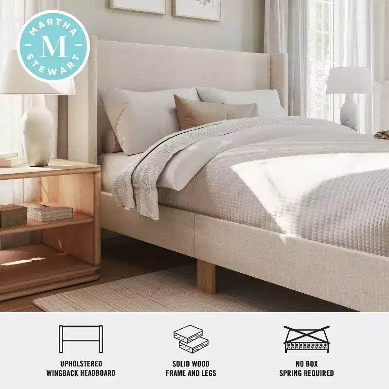 Martha Stewart Maisie Upholstered Platform Bed with Wingback Headboard and Cushioned Siderails, Wood Slat Foundation, No Box Spring Needed