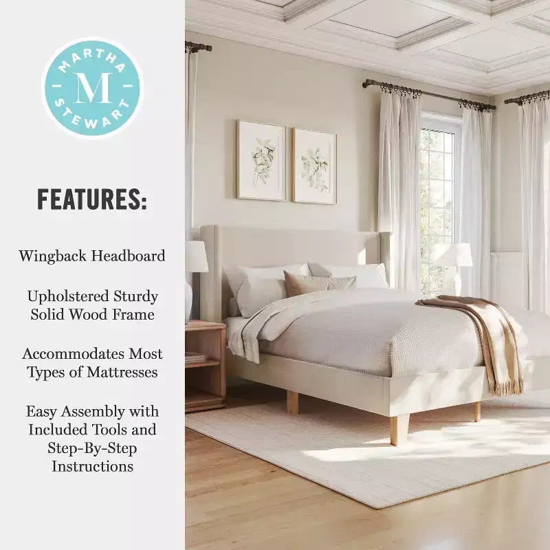 Martha Stewart Maisie Upholstered Platform Bed with Wingback Headboard and Cushioned Siderails, Wood Slat Foundation, No Box Spring Needed