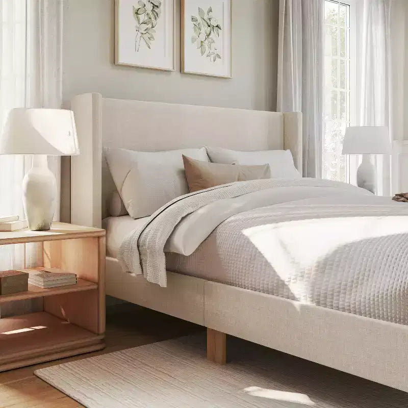 Martha Stewart Maisie Upholstered Platform Bed with Wingback Headboard and Cushioned Siderails, Wood Slat Foundation, No Box Spring Needed
