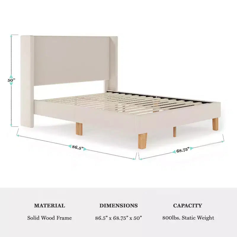Martha Stewart Maisie Upholstered Platform Bed with Wingback Headboard and Cushioned Siderails, Wood Slat Foundation, No Box Spring Needed