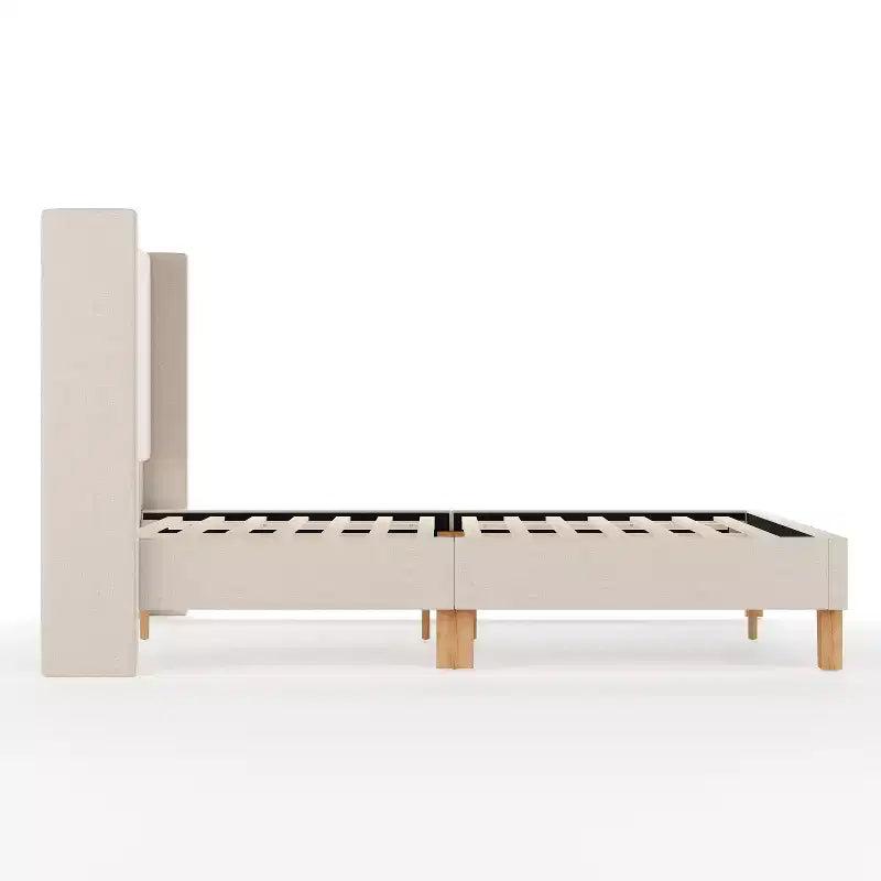 Martha Stewart Maisie Upholstered Platform Bed with Wingback Headboard and Cushioned Siderails, Wood Slat Foundation, No Box Spring Needed
