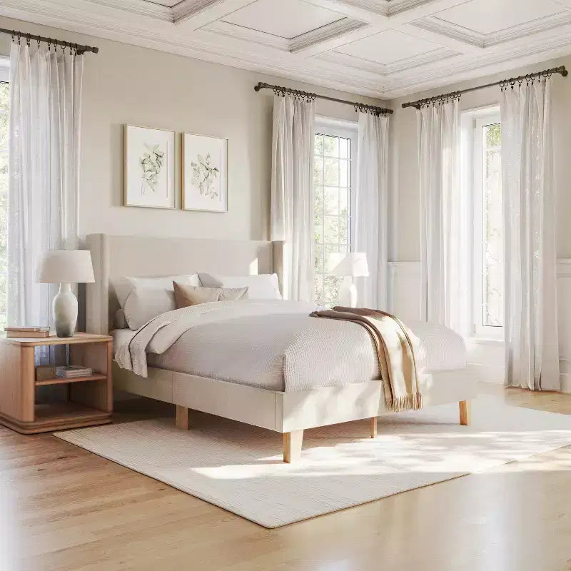 Martha Stewart Maisie Upholstered Platform Bed with Wingback Headboard and Cushioned Siderails, Wood Slat Foundation, No Box Spring Needed