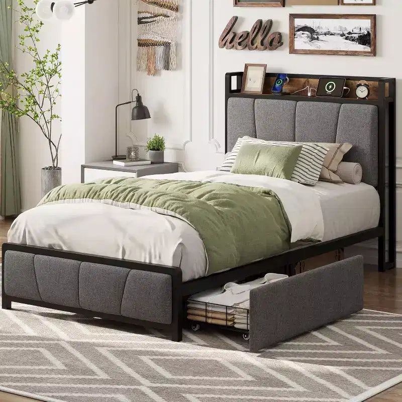 Modern Twin XL Upholstered Platform Bed Storage Headboard, 2 Drawers, Charging Station, No Box Spring Needed, Easy Assembly Dark Grey