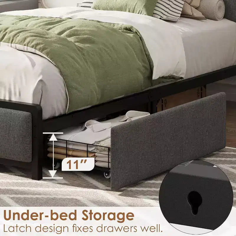 Modern Twin XL Upholstered Platform Bed Storage Headboard, 2 Drawers, Charging Station, No Box Spring Needed, Easy Assembly Dark Grey