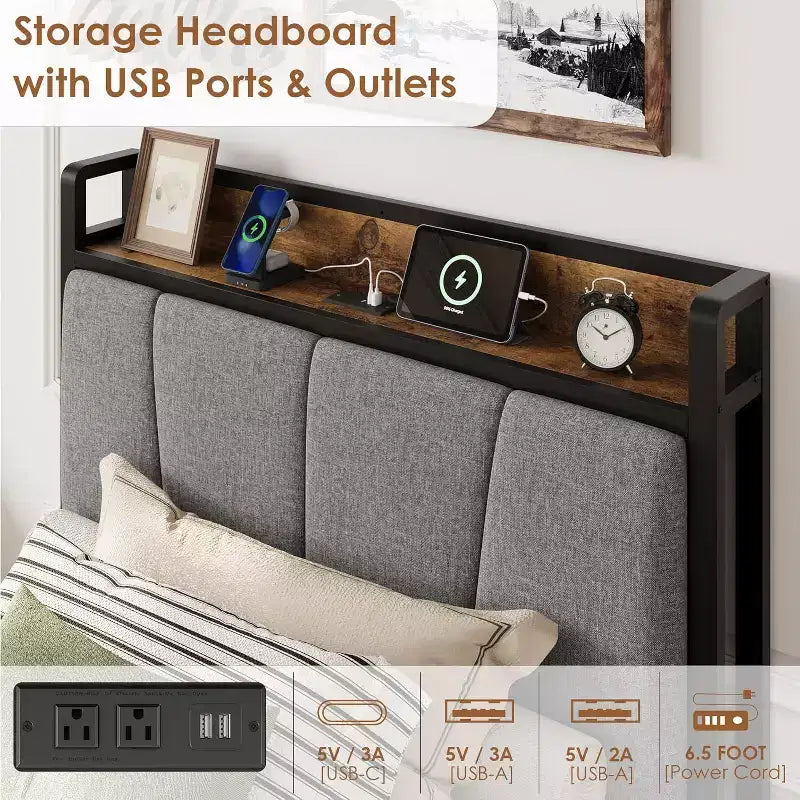 Modern Twin XL Upholstered Platform Bed Storage Headboard, 2 Drawers, Charging Station, No Box Spring Needed, Easy Assembly Dark Grey