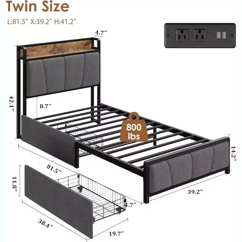 Modern Twin XL Upholstered Platform Bed Storage Headboard, 2 Drawers, Charging Station, No Box Spring Needed, Easy Assembly Dark Grey