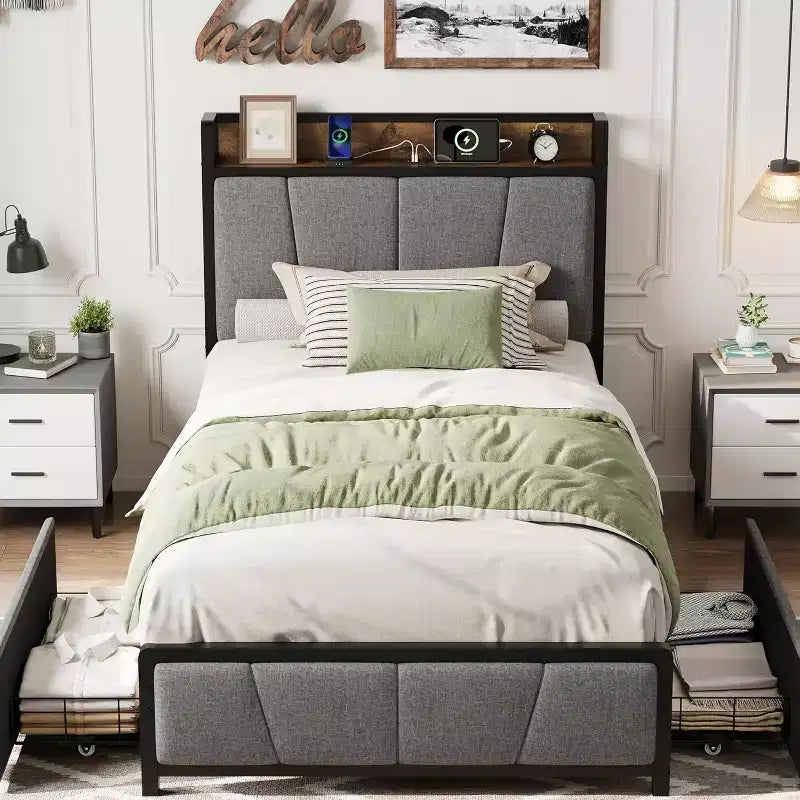 Modern Twin XL Upholstered Platform Bed Storage Headboard, 2 Drawers, Charging Station, No Box Spring Needed, Easy Assembly Dark Grey