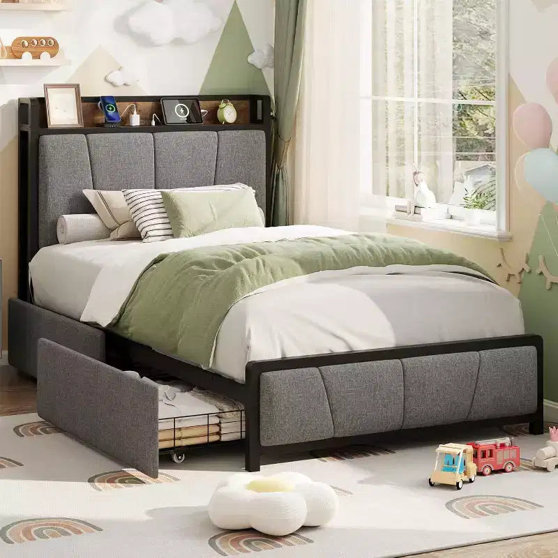 Modern Twin XL Upholstered Platform Bed Storage Headboard, 2 Drawers, Charging Station, No Box Spring Needed, Easy Assembly Dark Grey