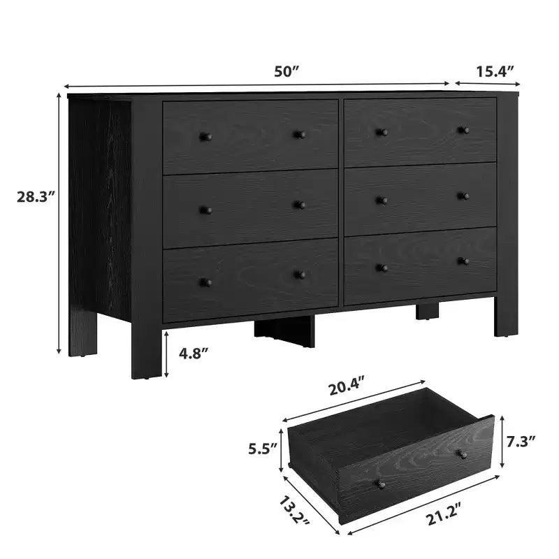 Wide 6 Drawer Dresser for Bedroom Modern Wooden Chest with Deep Storage Drawers, Metal Knobs