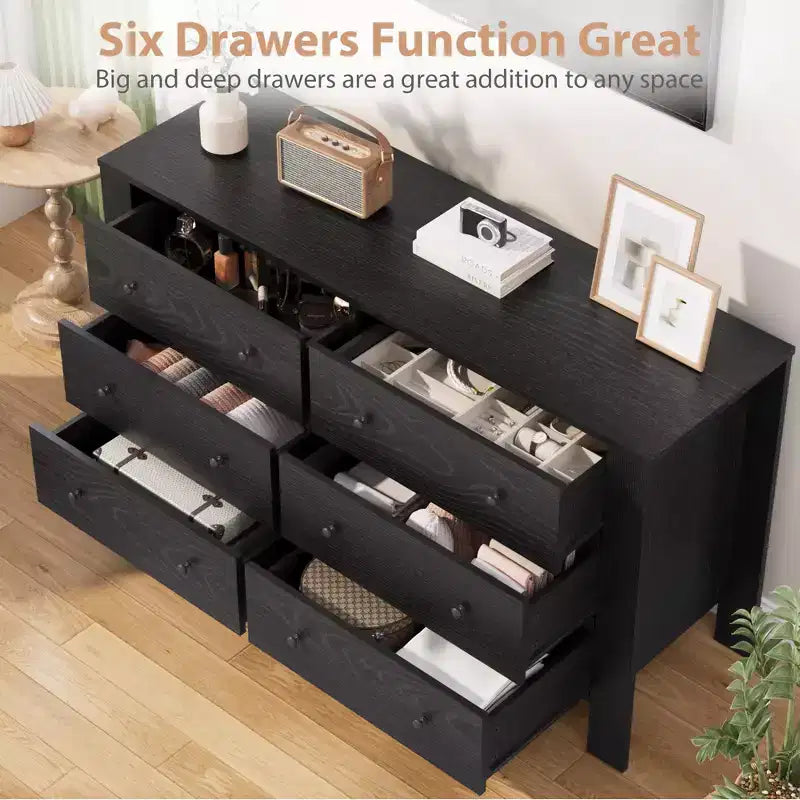Wide 6 Drawer Dresser for Bedroom Modern Wooden Chest with Deep Storage Drawers, Metal Knobs
