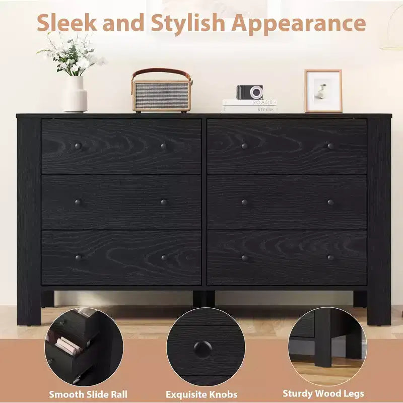 Wide 6 Drawer Dresser for Bedroom Modern Wooden Chest with Deep Storage Drawers, Metal Knobs