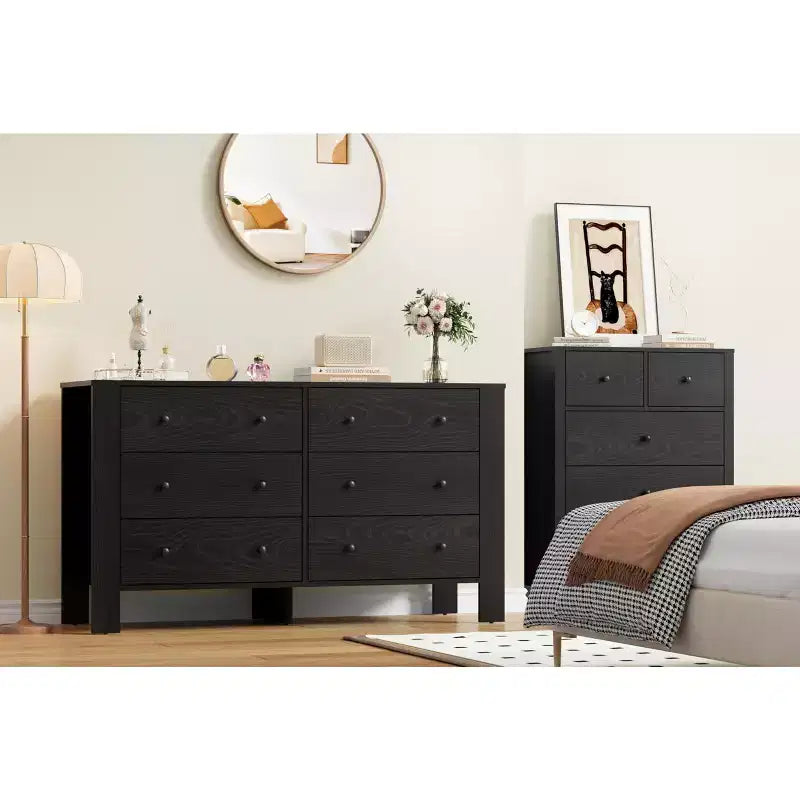 Wide 6 Drawer Dresser for Bedroom Modern Wooden Chest with Deep Storage Drawers, Metal Knobs