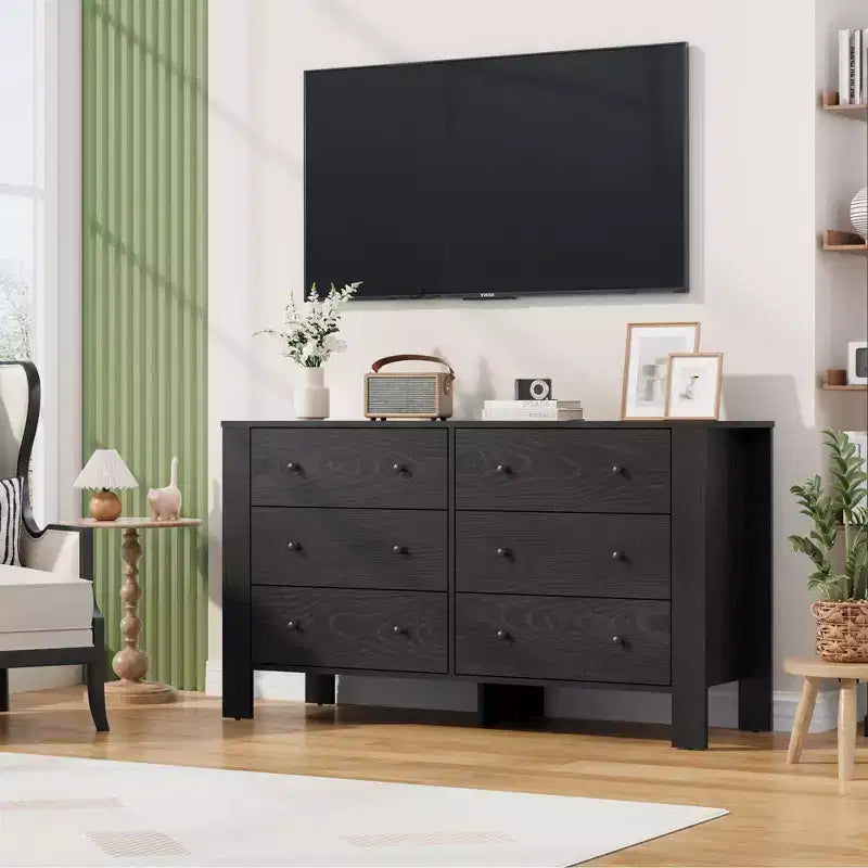 Wide 6 Drawer Dresser for Bedroom Modern Wooden Chest with Deep Storage Drawers, Metal Knobs
