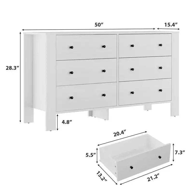 Wide 6 Drawer Dresser for Bedroom Modern Wooden Chest with Deep Storage Drawers, Metal Knobs