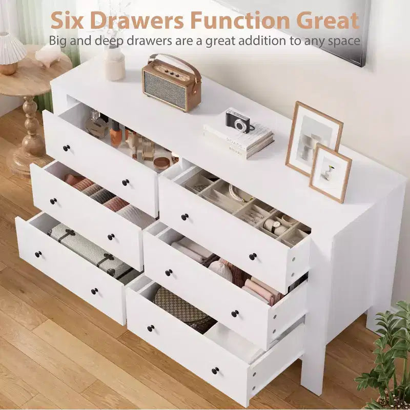 Wide 6 Drawer Dresser for Bedroom Modern Wooden Chest with Deep Storage Drawers, Metal Knobs