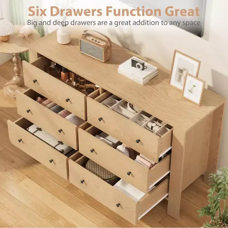 Wide 6 Drawer Dresser for Bedroom Modern Wooden Chest with Deep Storage Drawers, Metal Knobs