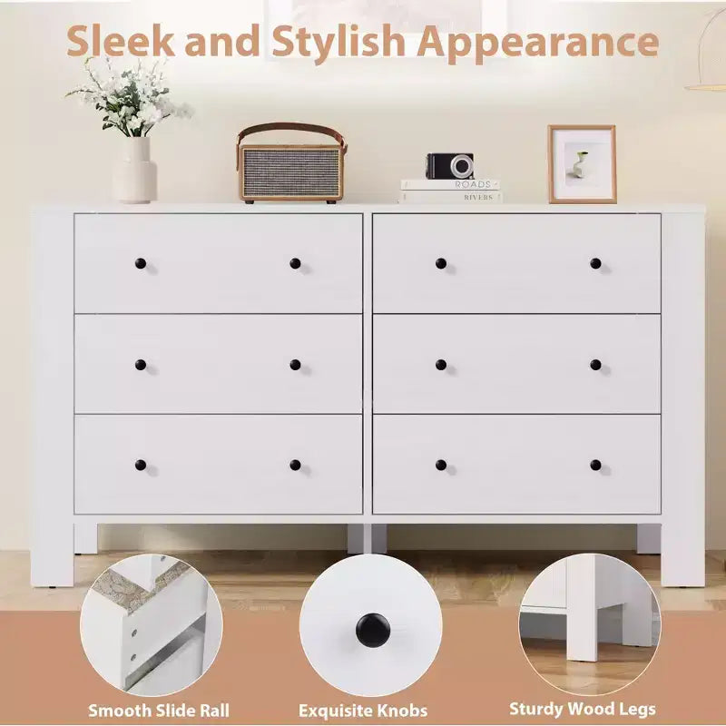 Wide 6 Drawer Dresser for Bedroom Modern Wooden Chest with Deep Storage Drawers, Metal Knobs