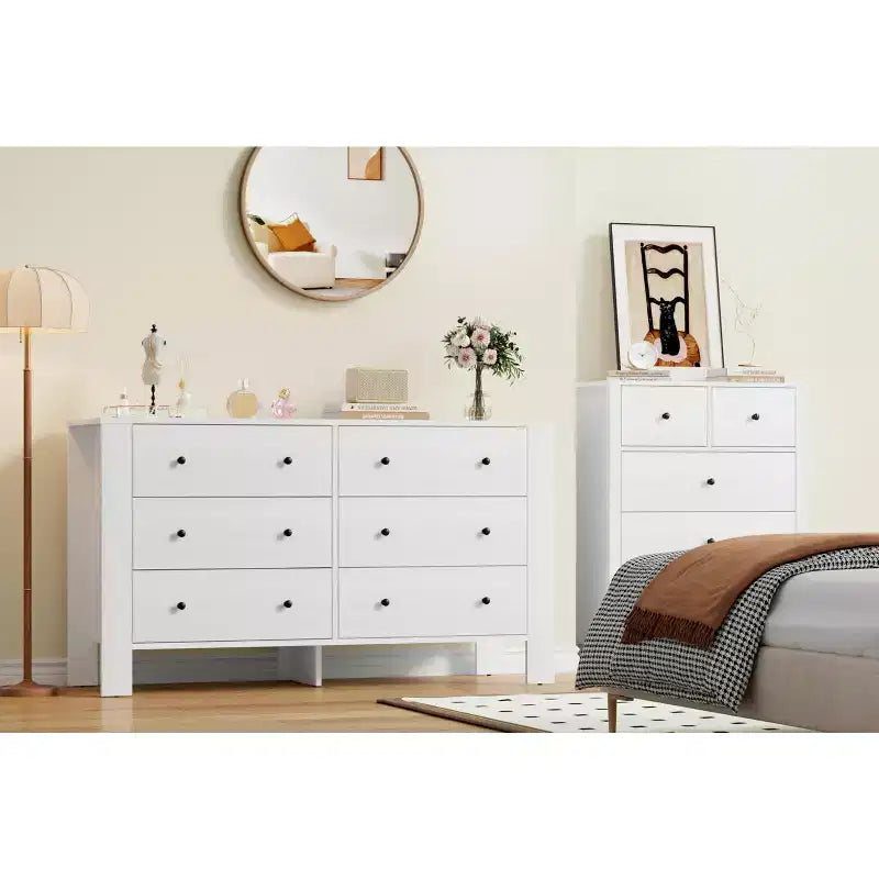 Wide 6 Drawer Dresser for Bedroom Modern Wooden Chest with Deep Storage Drawers, Metal Knobs