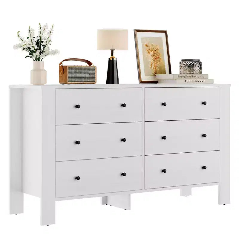 Wide 6 Drawer Dresser for Bedroom Modern Wooden Chest with Deep Storage Drawers, Metal Knobs