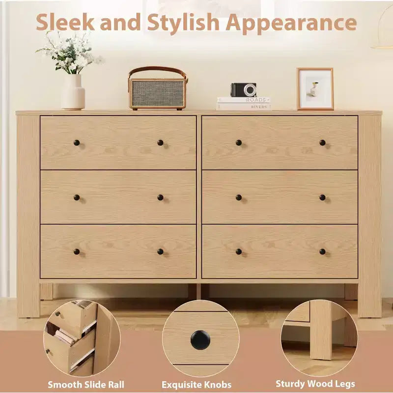 Wide 6 Drawer Dresser for Bedroom Modern Wooden Chest with Deep Storage Drawers, Metal Knobs