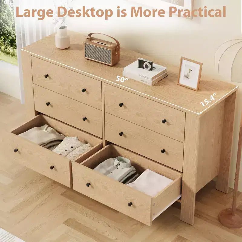 Wide 6 Drawer Dresser for Bedroom Modern Wooden Chest with Deep Storage Drawers, Metal Knobs